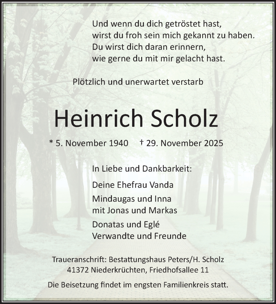  Traueranzeige für Heinrich Scholz vom 07.12.2025 aus trauer.panorama-anzeigenblatt.de