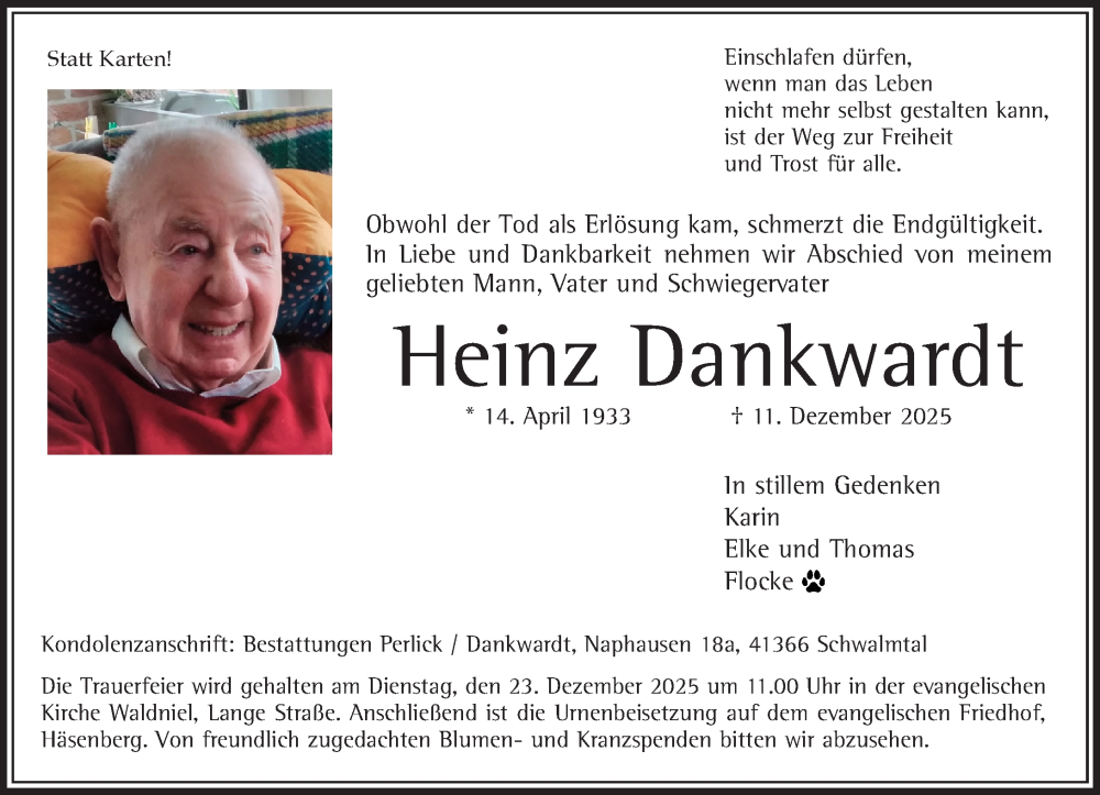  Traueranzeige für Heinz Dankwardt vom 21.12.2025 aus trauer.panorama-anzeigenblatt.de