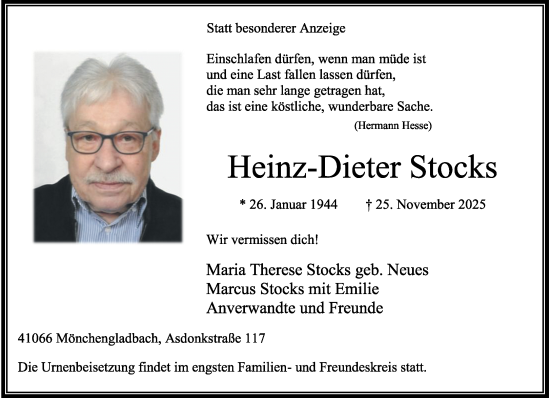 Traueranzeige von Heinz-Dieter Stocks von trauer.panorama-anzeigenblatt.de