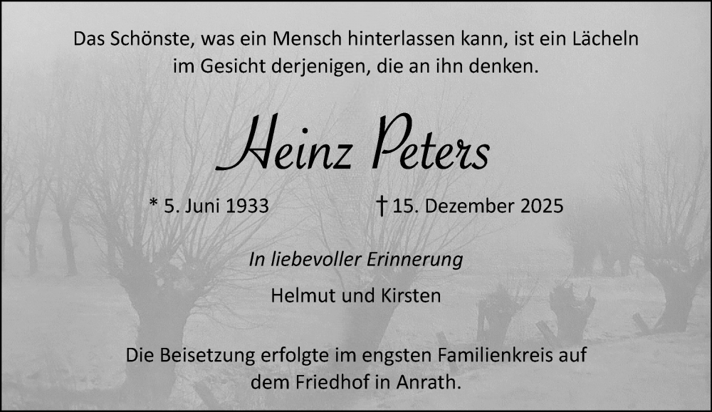  Traueranzeige für Heinz Peters vom 21.12.2025 aus trauer.panorama-anzeigenblatt.de
