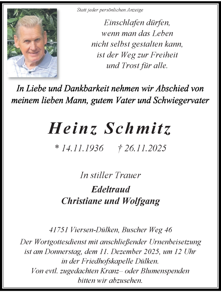  Traueranzeige für Heinz Schmitz vom 07.12.2025 aus trauer.panorama-anzeigenblatt.de