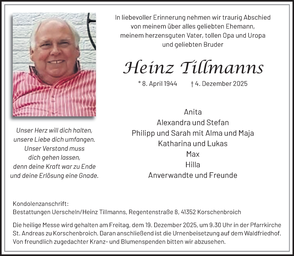  Traueranzeige für Heinz Tillmanns vom 14.12.2025 aus trauer.panorama-anzeigenblatt.de