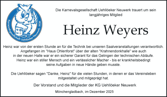 Traueranzeige von Heinz Weyers von trauer.panorama-anzeigenblatt.de