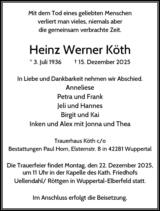 Traueranzeige von Heinz Werner Köth von trauer.wuppertaler-rundschau.de
