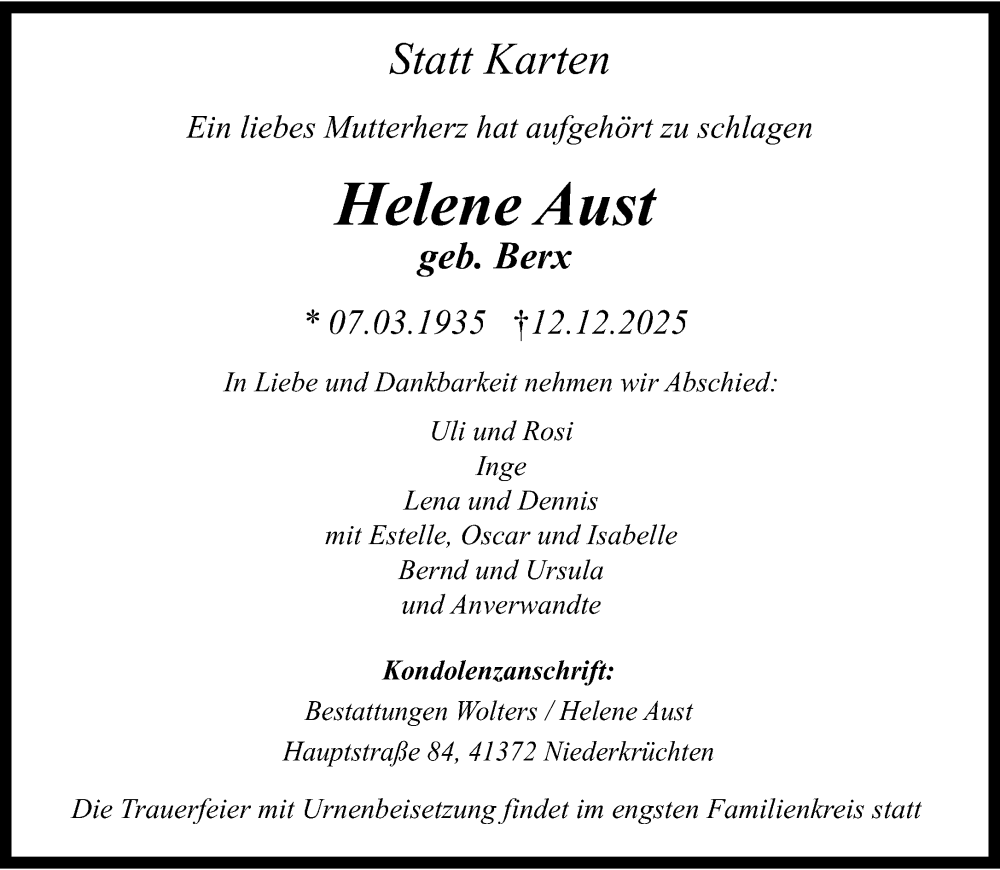  Traueranzeige für Helene Aust vom 28.12.2025 aus trauer.panorama-anzeigenblatt.de