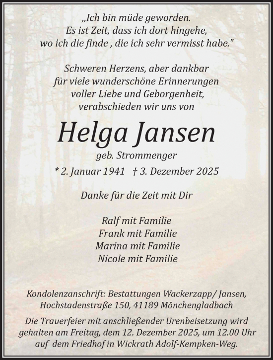 Traueranzeige von Helga Jansen von trauer.panorama-anzeigenblatt.de