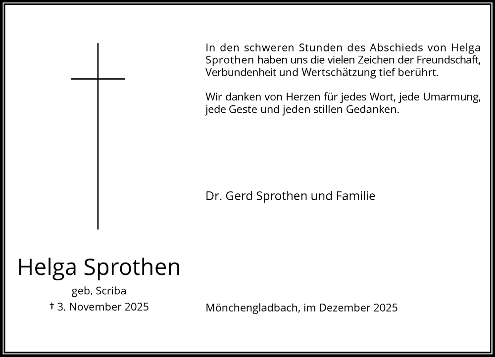  Traueranzeige für Helga Sprothen vom 28.12.2025 aus trauer.panorama-anzeigenblatt.de