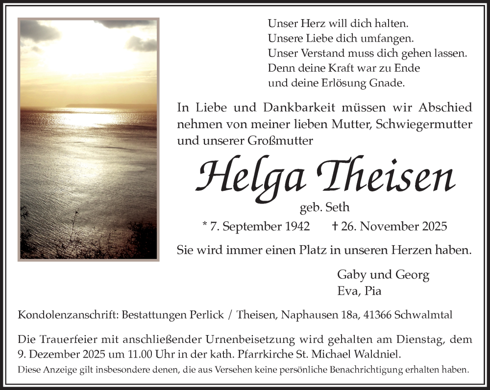  Traueranzeige für Helga Theisen vom 07.12.2025 aus trauer.panorama-anzeigenblatt.de