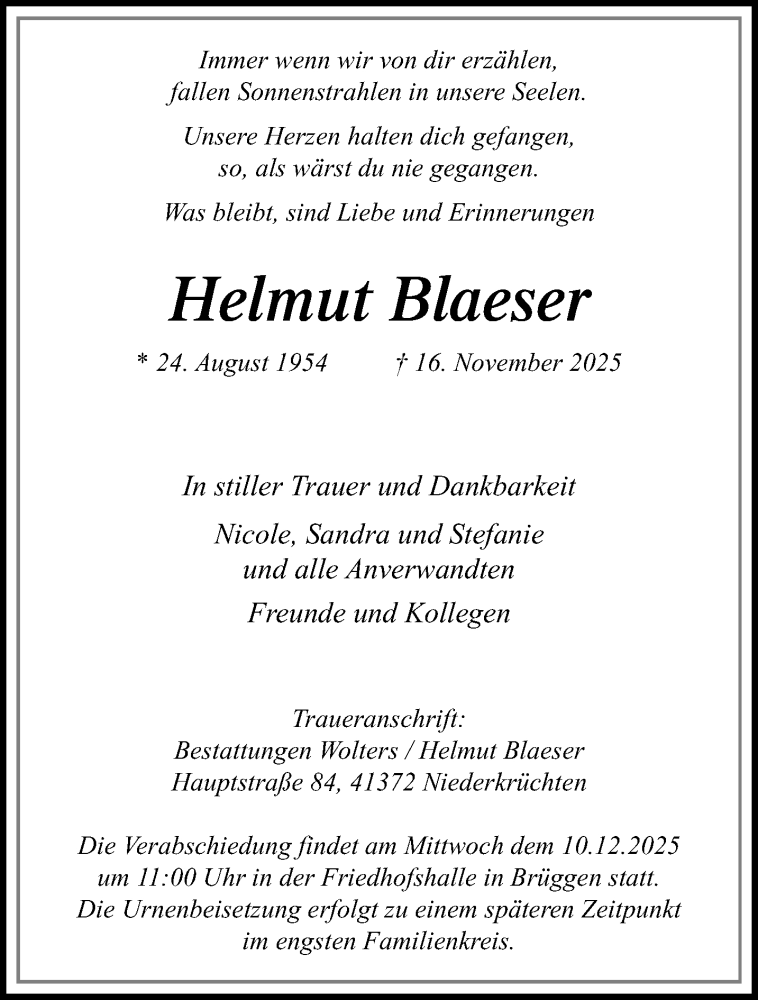  Traueranzeige für Helmut Blaeser vom 07.12.2025 aus trauer.panorama-anzeigenblatt.de
