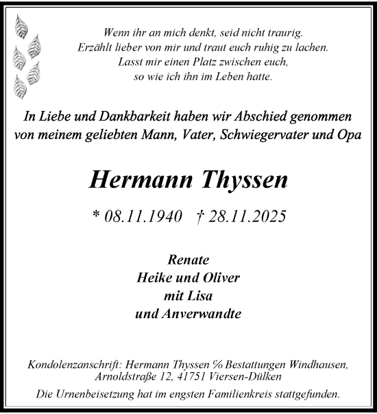 Traueranzeige von Hermann Thyssen von trauer.panorama-anzeigenblatt.de