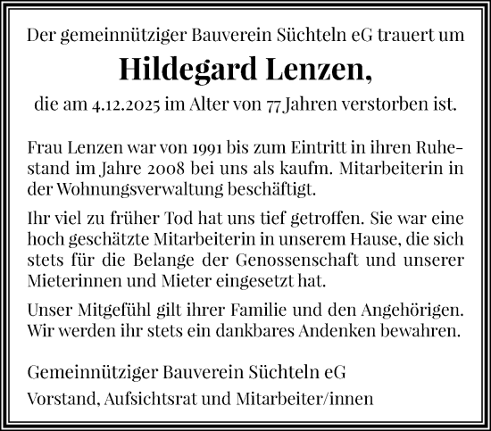 Traueranzeige von Hildegard Lenzen von trauer.panorama-anzeigenblatt.de