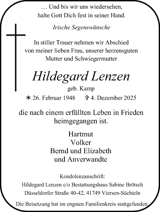 Traueranzeige von Hildegard Lenzen von trauer.panorama-anzeigenblatt.de