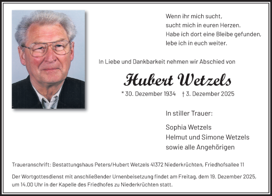 Traueranzeige von Hubert Wetzels von trauer.panorama-anzeigenblatt.de