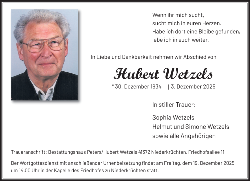  Traueranzeige für Hubert Wetzels vom 14.12.2025 aus trauer.panorama-anzeigenblatt.de
