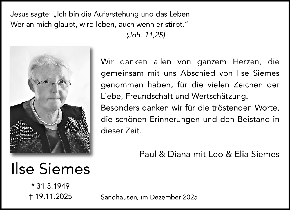  Traueranzeige für Ilse Siemes vom 14.12.2025 aus trauer.panorama-anzeigenblatt.de