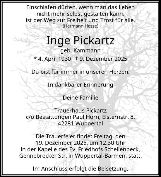 Traueranzeige von Inge Pickartz von trauer.wuppertaler-rundschau.de
