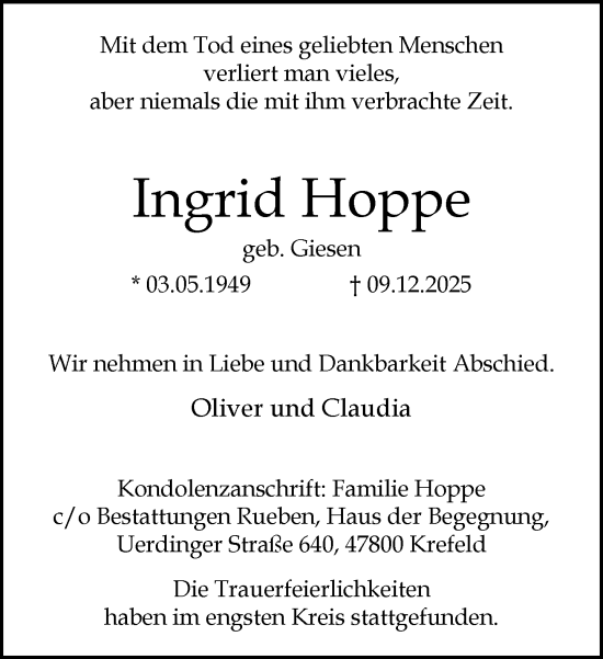Traueranzeige von Ingrid Hoppe von trauer.panorama-anzeigenblatt.de