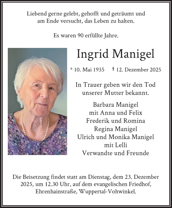 Traueranzeige von Ingrid Manigel von trauer.wuppertaler-rundschau.de