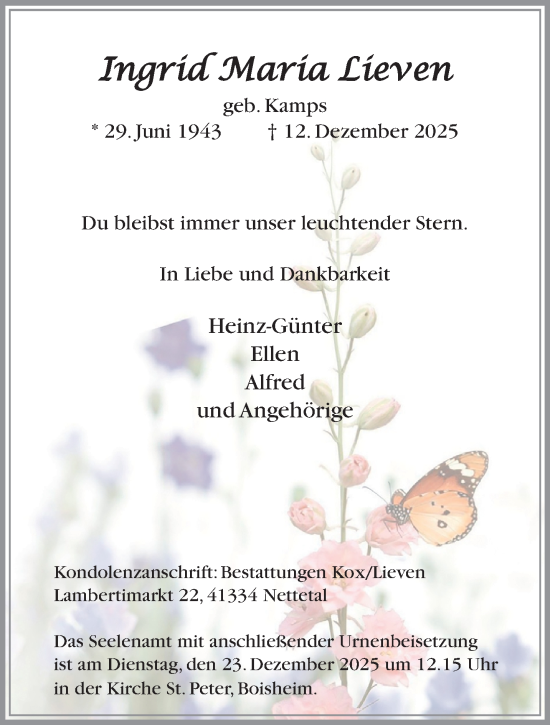 Traueranzeige von Ingrid Maria Lieven von trauer.panorama-anzeigenblatt.de