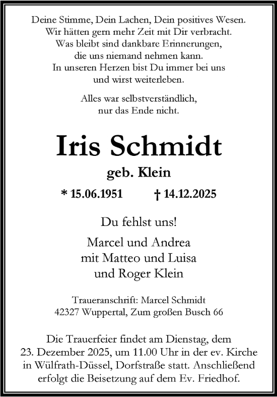Traueranzeige von Iris Schmidt von trauer.wuppertaler-rundschau.de