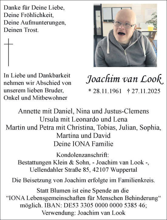 Traueranzeige von Joachim van Look von trauer.wuppertaler-rundschau.de