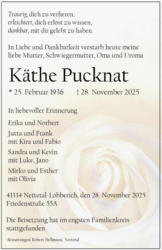 Traueranzeige von Käthe Pucknat von trauer.panorama-anzeigenblatt.de