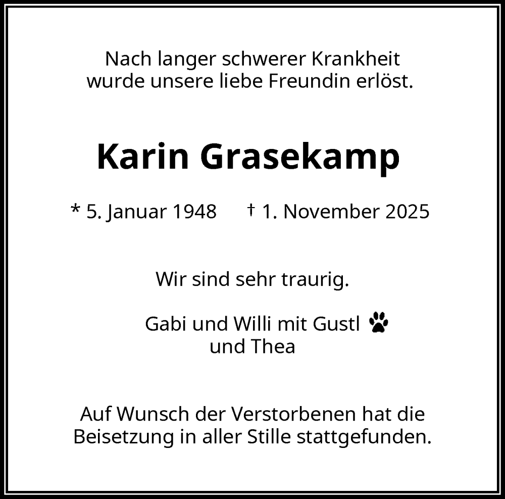  Traueranzeige für Karin Grasekamp vom 06.12.2025 aus trauer.wuppertaler-rundschau.de
