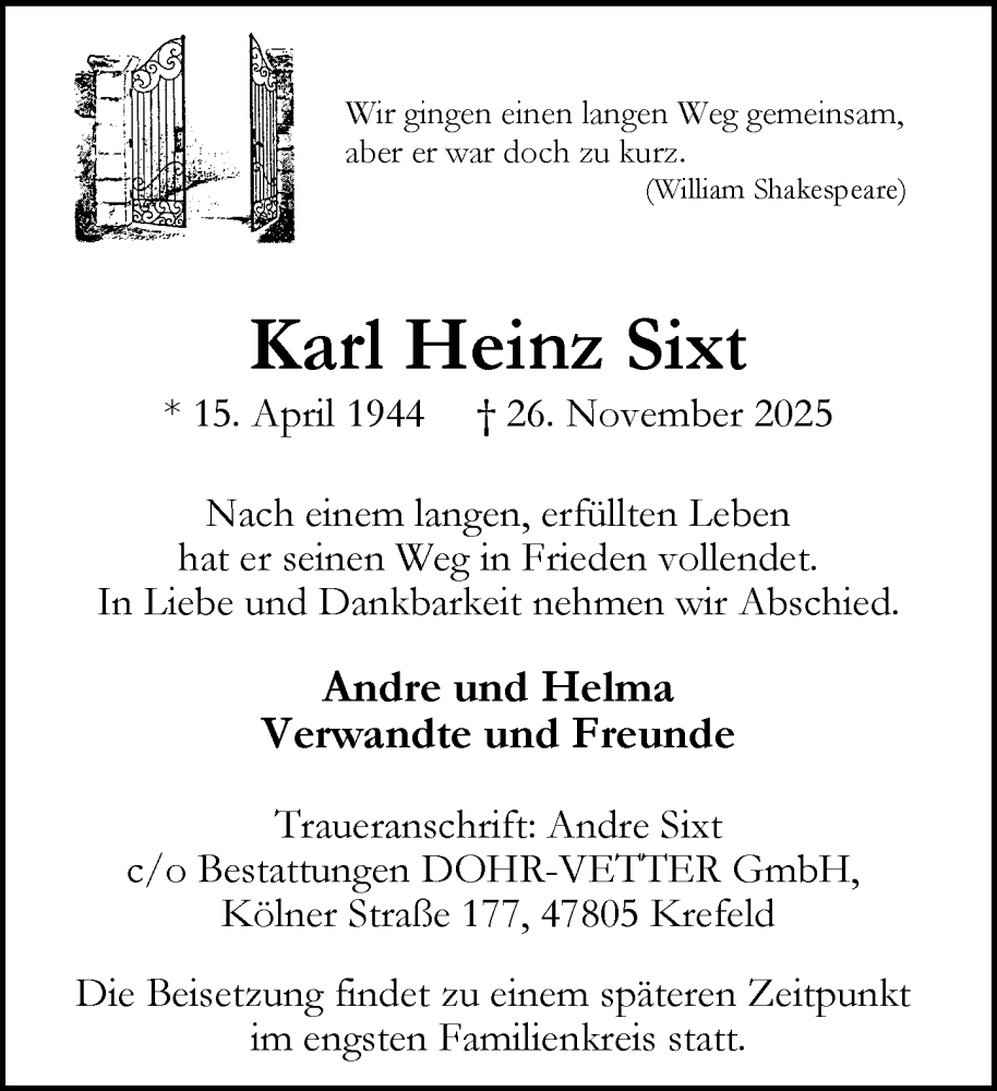  Traueranzeige für Karl Heinz Sixt vom 07.12.2025 aus trauer.panorama-anzeigenblatt.de