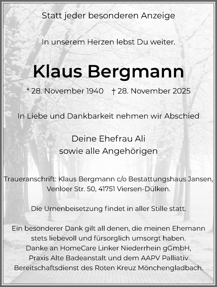  Traueranzeige für Klaus Bergmann vom 14.12.2025 aus trauer.panorama-anzeigenblatt.de