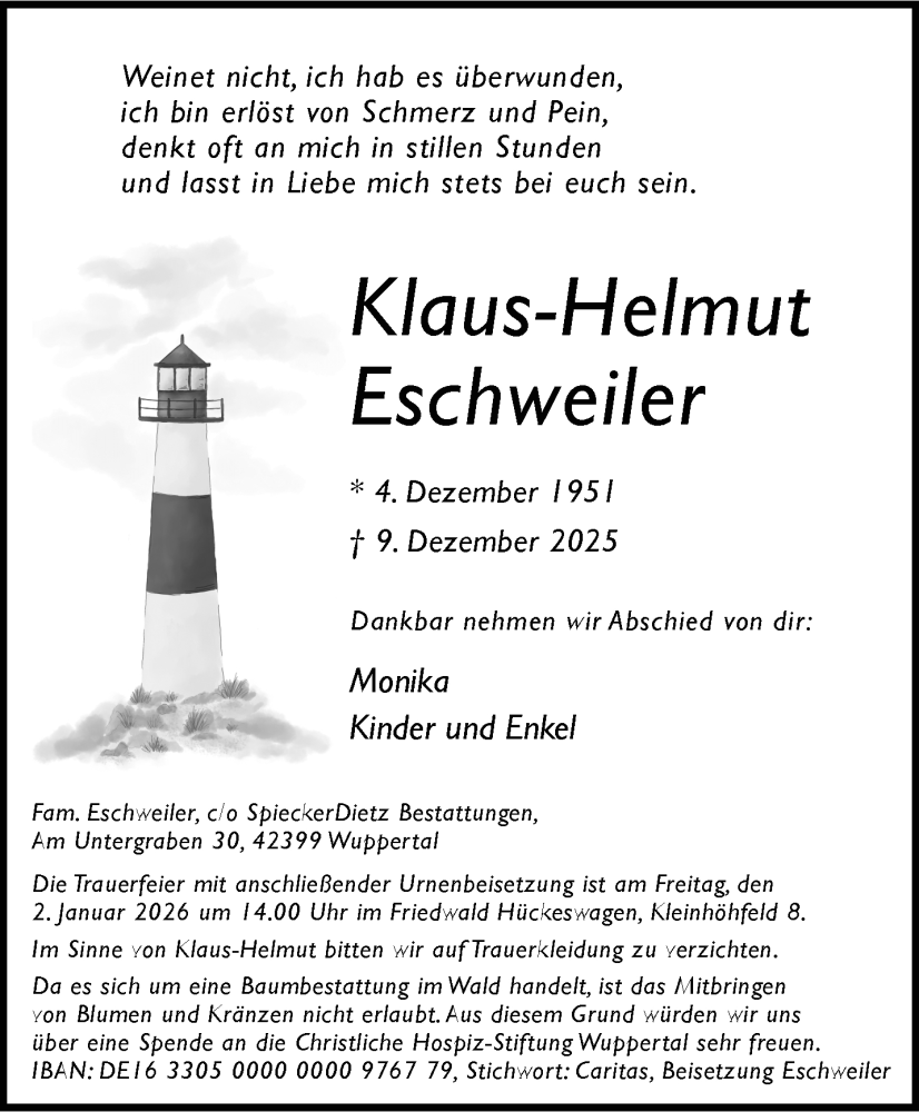  Traueranzeige für Klaus-Helmut Eschweiler vom 20.12.2025 aus trauer.wuppertaler-rundschau.de