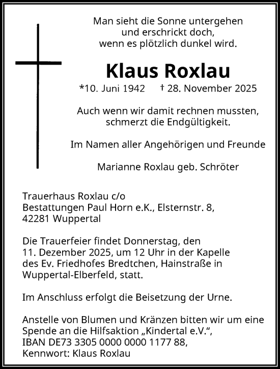 Traueranzeige von Klaus Roxlau von trauer.wuppertaler-rundschau.de