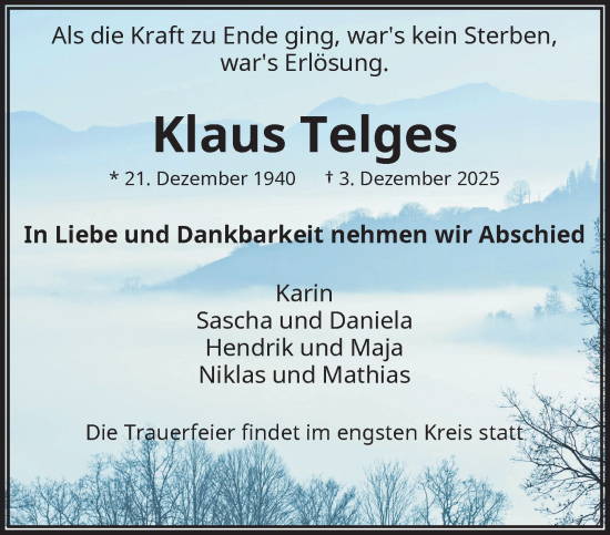 Traueranzeige von Klaus Telges von trauer.wuppertaler-rundschau.de