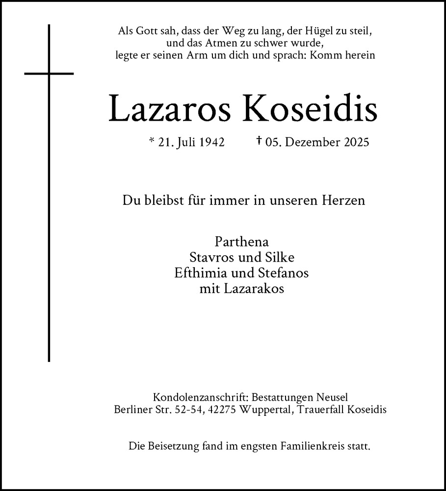  Traueranzeige für Lazaros Koseidis vom 20.12.2025 aus trauer.wuppertaler-rundschau.de
