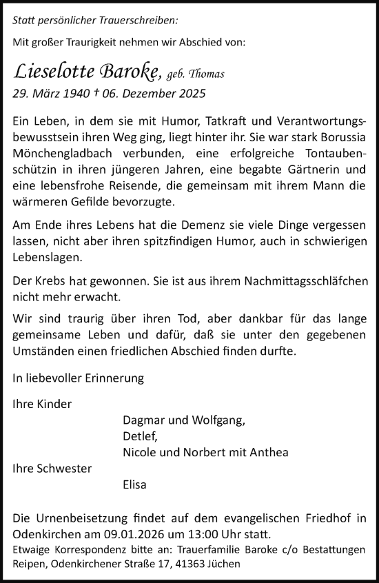 Traueranzeige von Lieselotte Baroke von trauer.panorama-anzeigenblatt.de