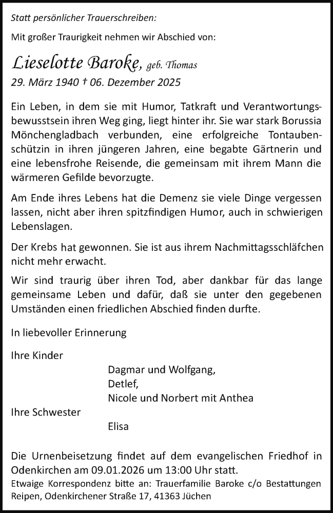  Traueranzeige für Lieselotte Baroke vom 21.12.2025 aus trauer.panorama-anzeigenblatt.de