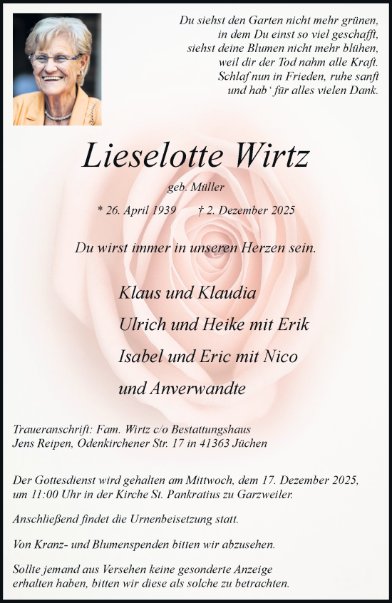 Traueranzeige von Lieselotte Wirtz von trauer.stadt-kurier.de