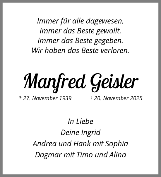 Traueranzeige von Manfred Geisler von trauer.panorama-anzeigenblatt.de