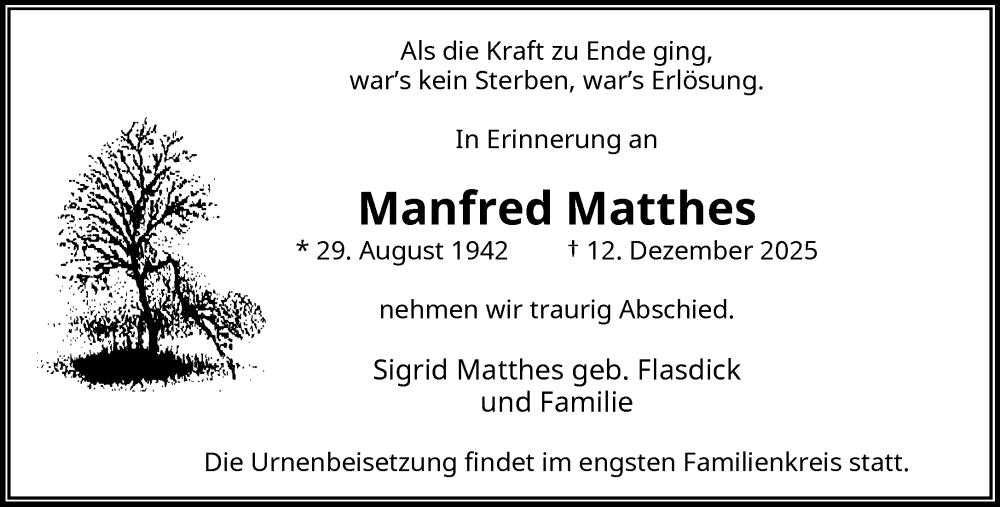  Traueranzeige für Manfred Matthes vom 20.12.2025 aus trauer.wuppertaler-rundschau.de