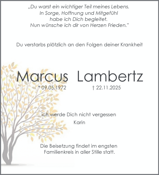 Traueranzeige von Marcus Lambertz von trauer.panorama-anzeigenblatt.de