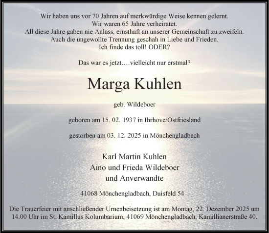 Traueranzeige von Marga Kuhlen von trauer.panorama-anzeigenblatt.de