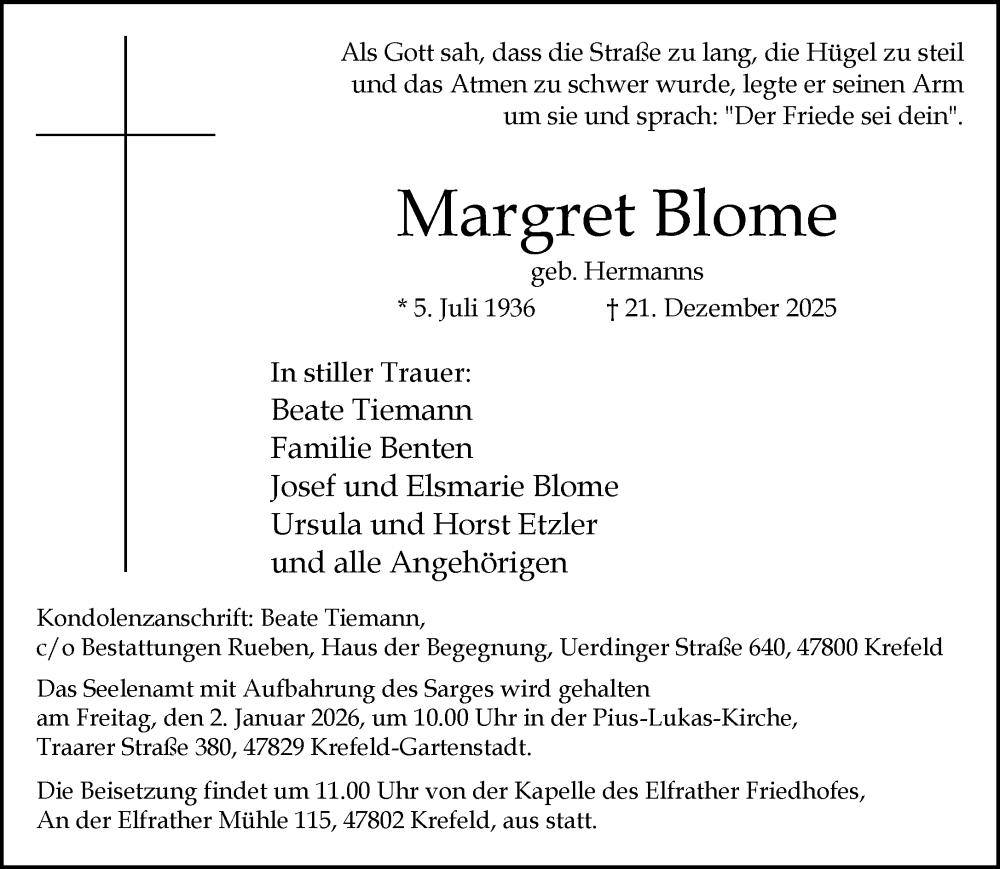  Traueranzeige für Margret Blome vom 28.12.2025 aus trauer.panorama-anzeigenblatt.de