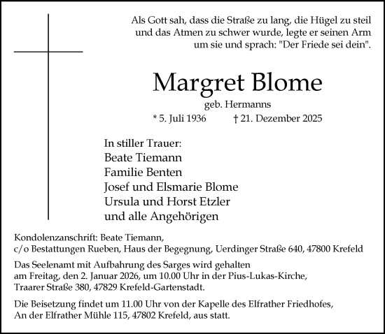 Traueranzeige von Margret Blome von trauer.panorama-anzeigenblatt.de