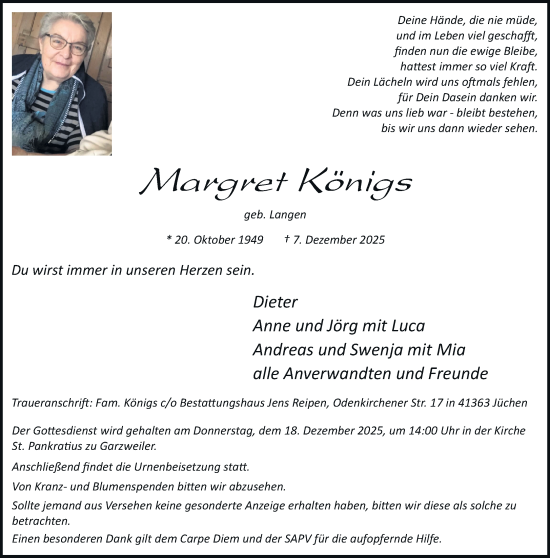 Traueranzeige von Margret Königs von trauer.stadt-kurier.de