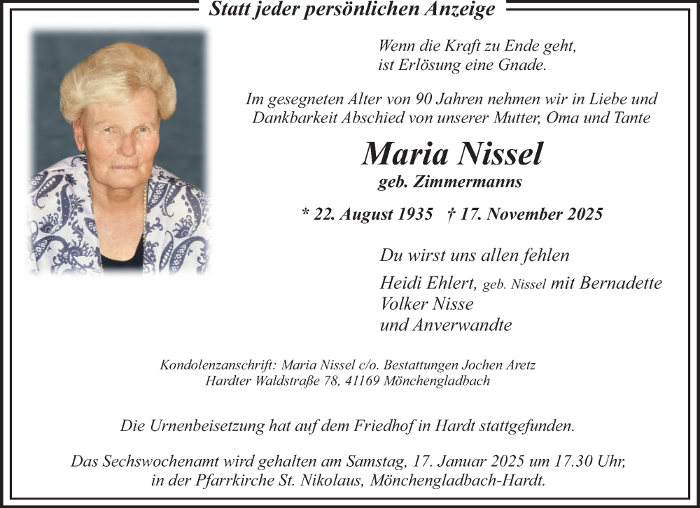  Traueranzeige für Maria Nissel vom 07.12.2025 aus trauer.panorama-anzeigenblatt.de