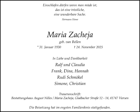 Traueranzeige von Maria Zacheja von trauer.panorama-anzeigenblatt.de