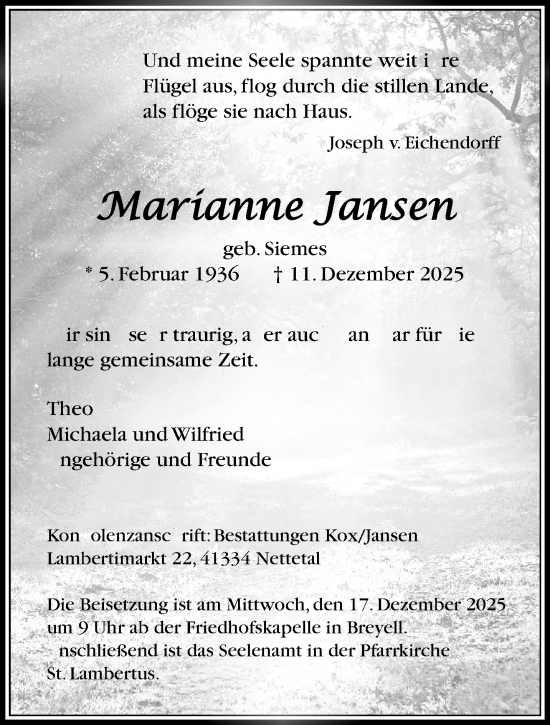 Traueranzeige von Marianne Jansen von trauer.panorama-anzeigenblatt.de