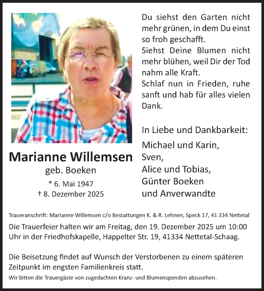  Traueranzeige für Marianne Willemsen vom 14.12.2025 aus trauer.panorama-anzeigenblatt.de