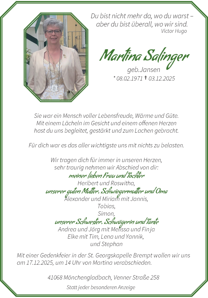  Traueranzeige für Martina Salinger vom 14.12.2025 aus trauer.panorama-anzeigenblatt.de