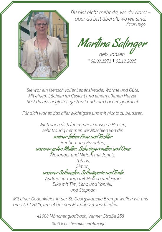 Traueranzeige von Martina Salinger von trauer.panorama-anzeigenblatt.de