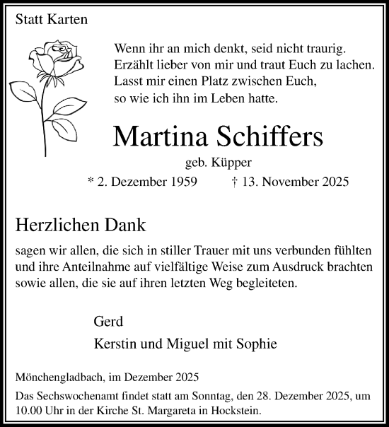 Traueranzeige von Martina Schiffers von trauer.panorama-anzeigenblatt.de